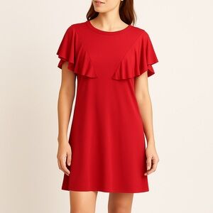 MeanEor Red Flutter Sleeve Jersey Shift Dress Women’s Medium